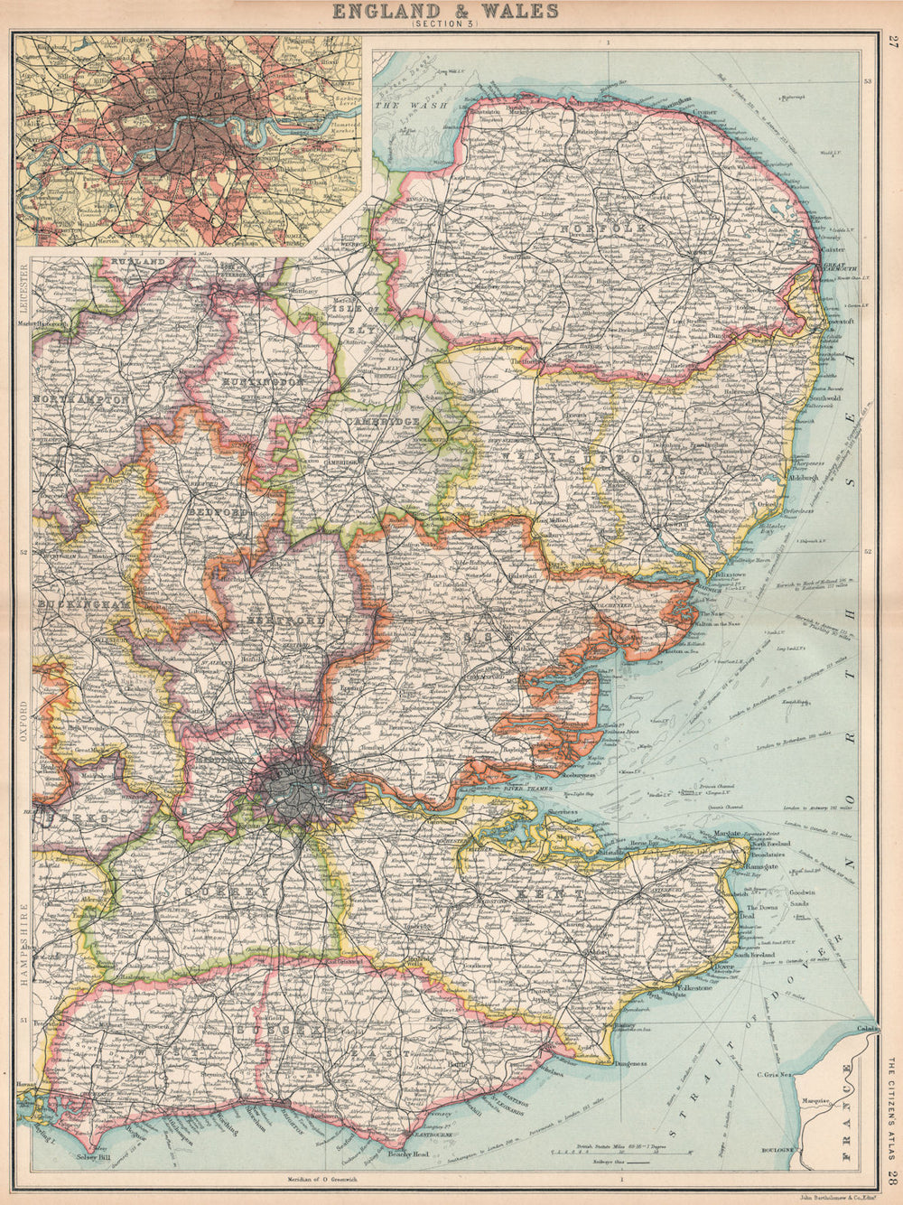 ENGLAND EAST. Home Counties & East Anglia. Inset London. BARTHOLOMEW 1912 map