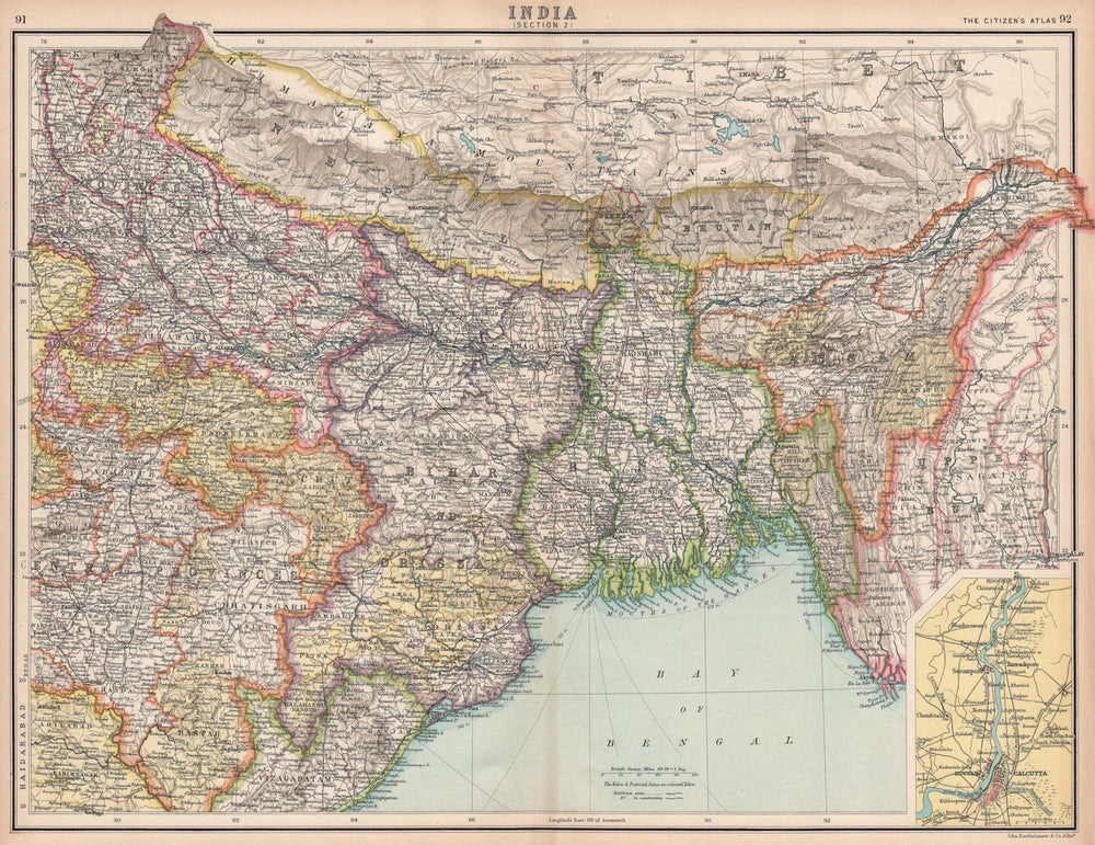 BRITISH INDIA NORTH EAST. Bengal Assam Nepal Bhutan Orissa. Calcutta 1912 map