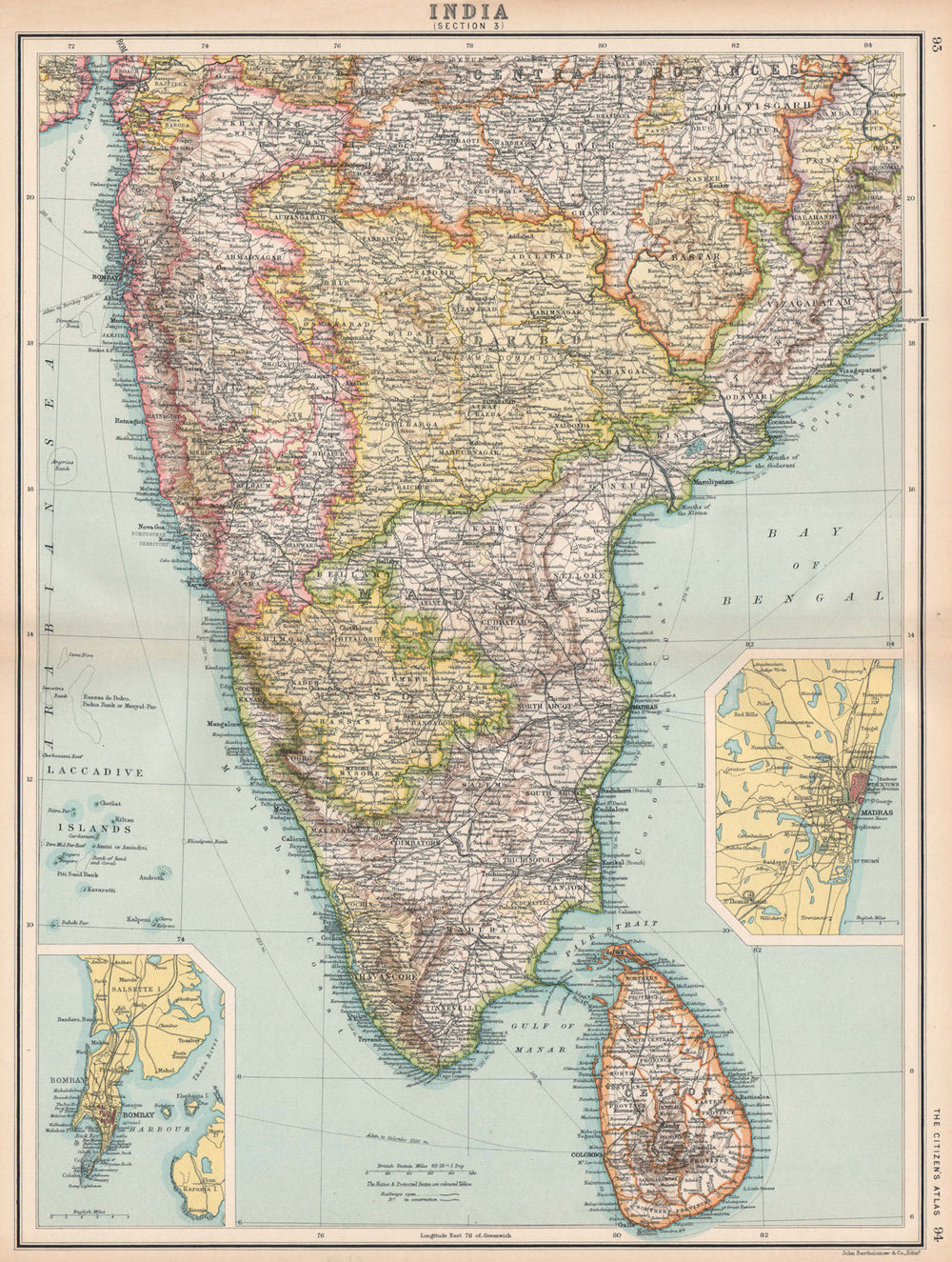 SOUTH BRITISH INDIA CEYLON SRI LANKA. Madras Chennai & Bombay Mumbai 1912 map