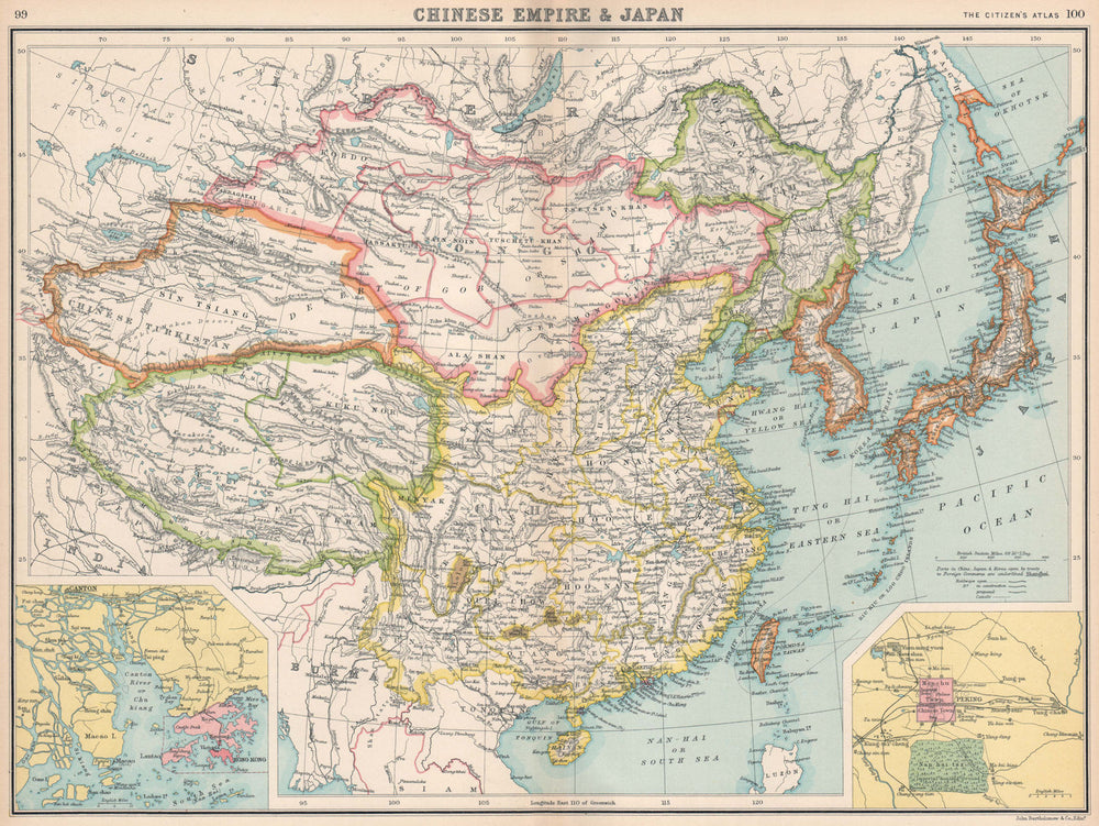 EAST ASIA China Chinese Turkistan Tibet Korea Japan. Hong Kong Peking 1912 map