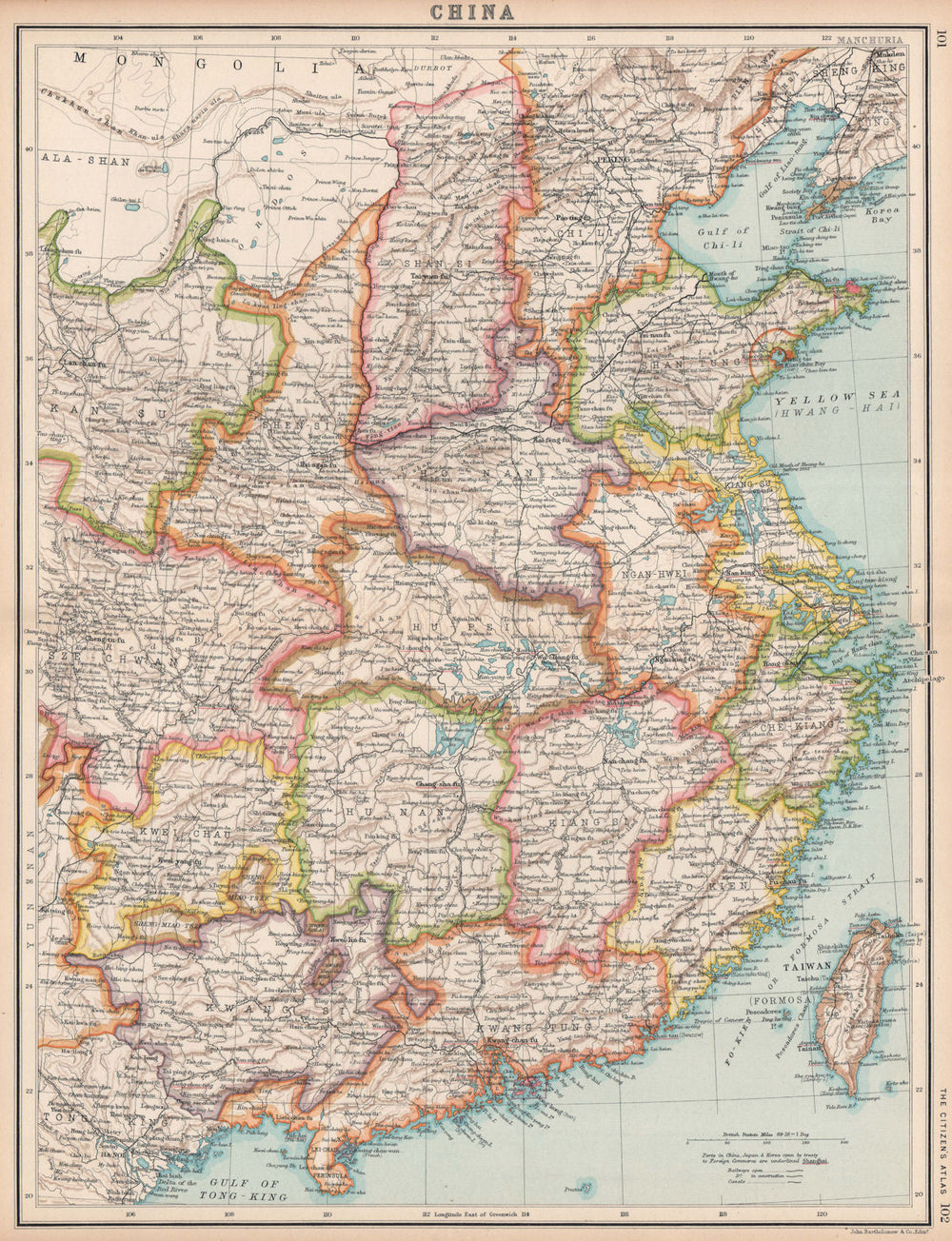 CHINA enclaves HK Weihaiwei(Br) Kwangchauwan/Chuanshan(Fr) Kiaochan(Ge) 1912 map