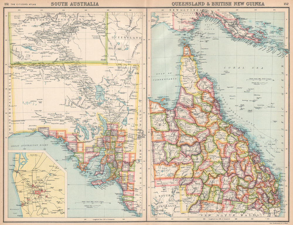 SOUTH AUSTRALIA, QUEENSLAND & BRITISH NEW GUINEA. Counties. BARTHOLOMEW 1912 map