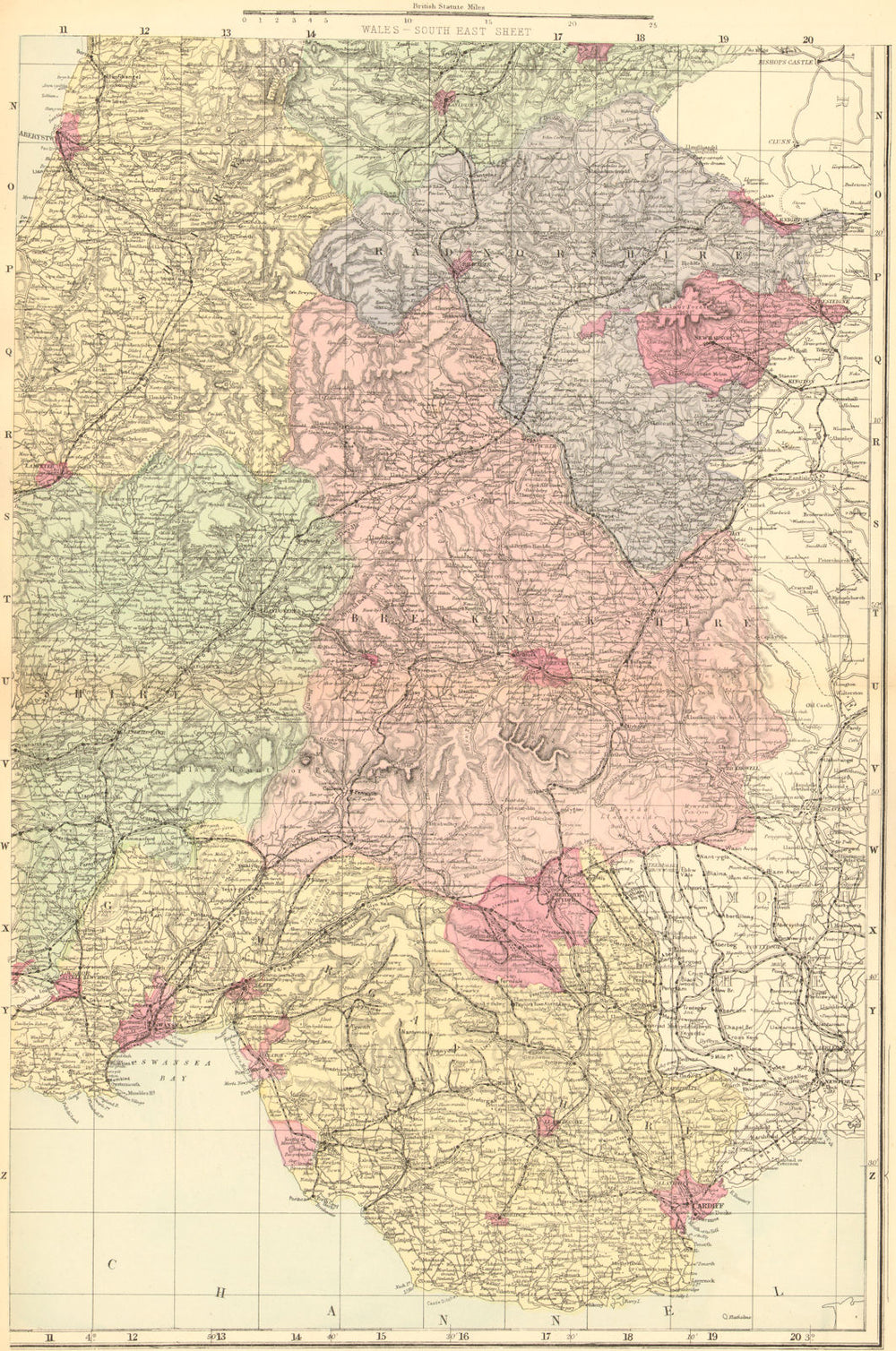 WALES (South East). Glamorgan Brecknock Radnorshire Powys. GW BACON 1884 map