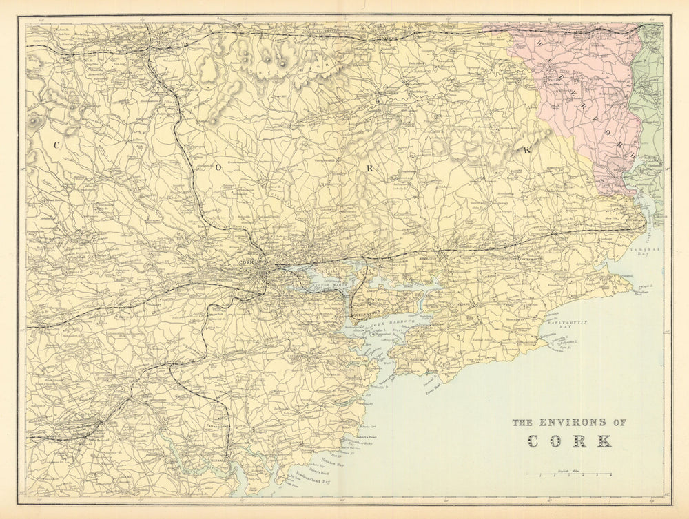 CORK & ENVIRONS. Cobh Youghal Mallow Bandon. Antique map by GW BACON 1884