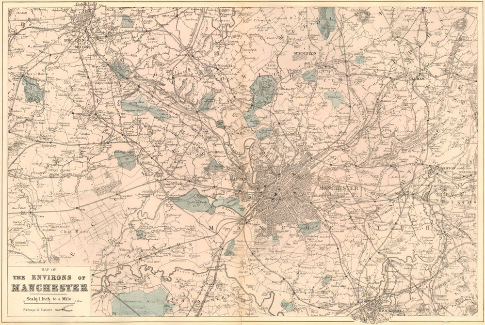 MANCHESTER & ENVIRONS. Bolton Stockport Oldham. Antique map by GW BACON 1884