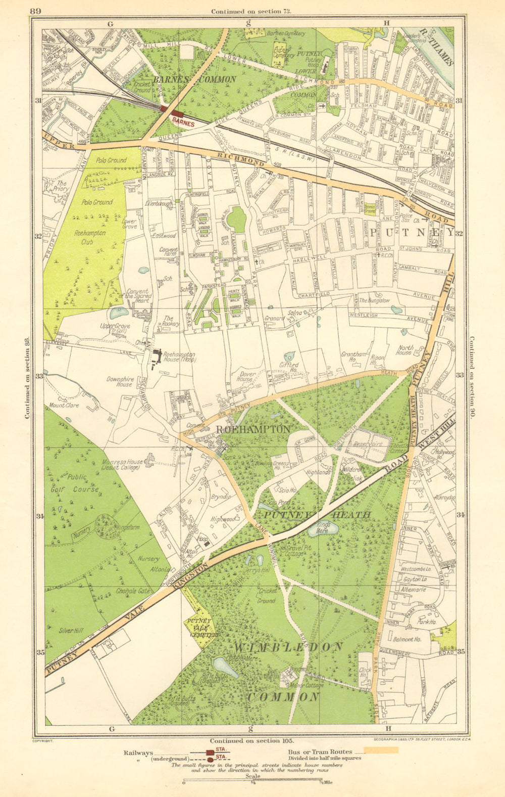 LONDON. Putney Vale,Roehampton,Barnes,Roehampton Park,Barnes Common 1923 map