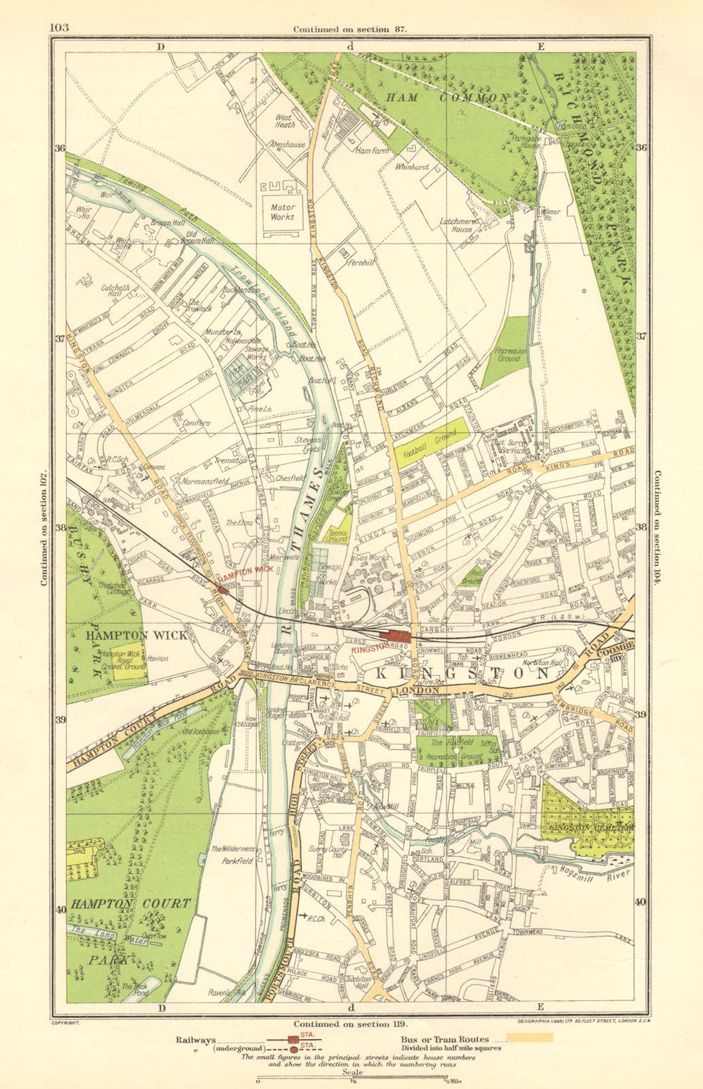 KINGSTON UPON THAMES.Teddington,Hampton Wick,Ham Common,Hampton Court 1923 map