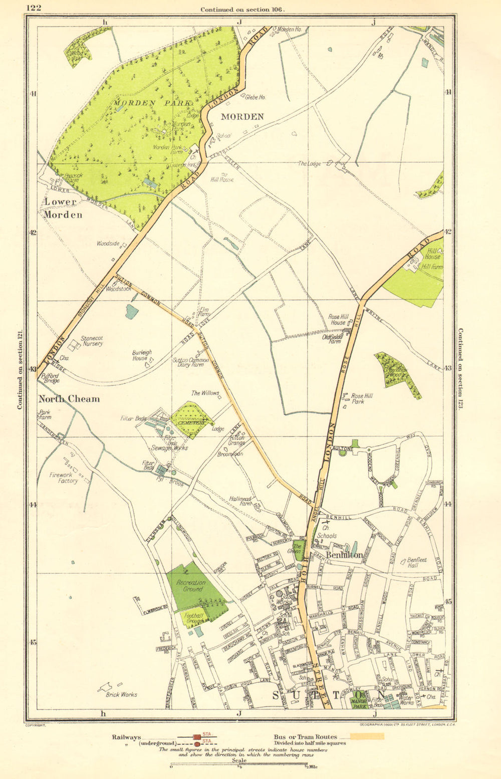 SUTTON. Benhilton, North/Lower Morden Park, Cheam, St Helier; Surrey 1923 map