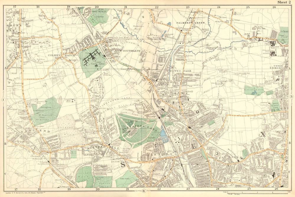 FRIERN BARNET/HORNSEY.Palmers/Wood Green,Southgate,Muswell Hill.BACON 1902 map