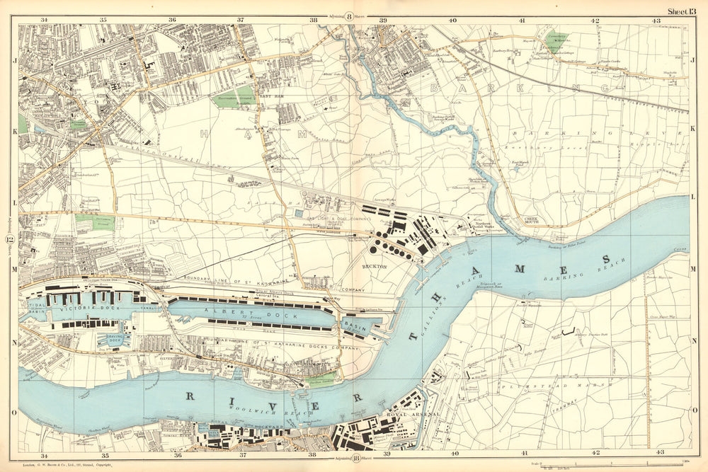 WEST/EAST HAM & BARKING. Plaistow,Woolwich,Thamesmead,Beckton.BACON 1902 map