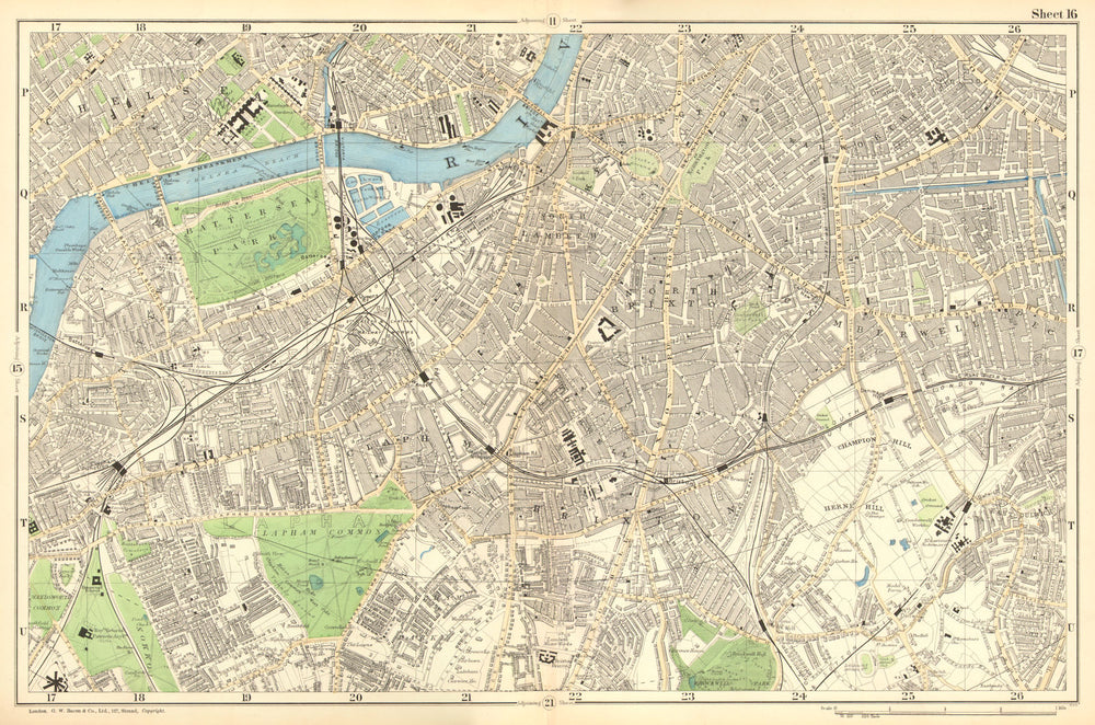S LONDON. Clapham, Brixton, Lambeth,Battersea,Chelsea,Camberwell.BACON 1902 map