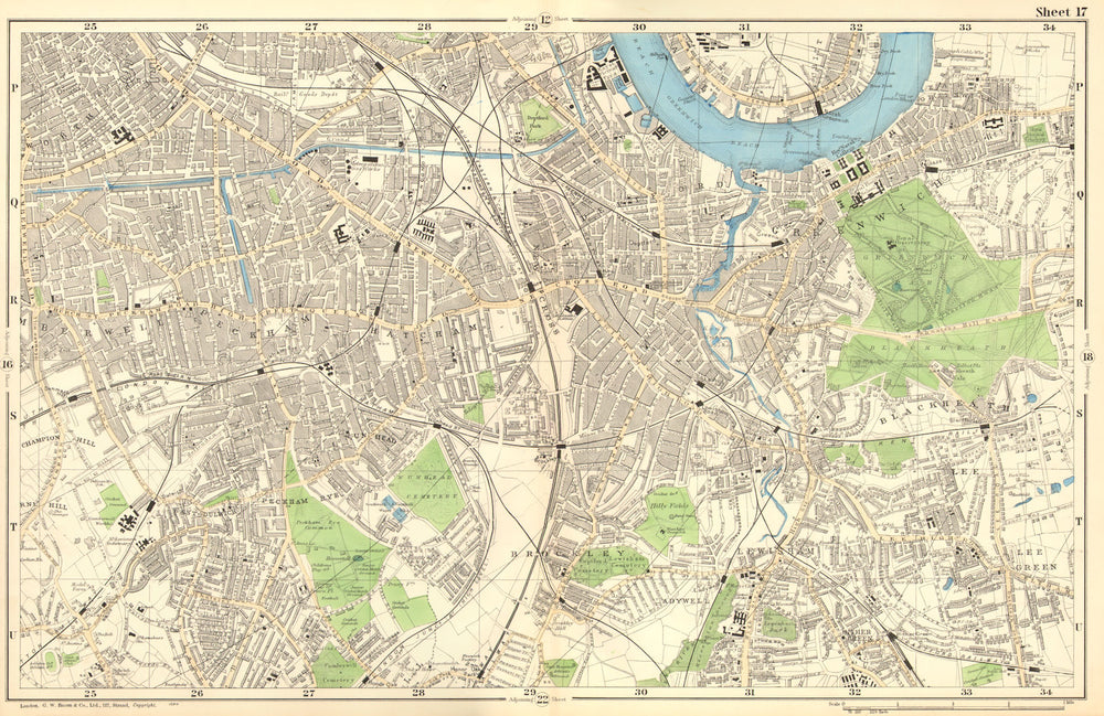 LONDON SOUTH. Camberwell,Greenwich,Deptford,Lewisham,Southwark.BACON 1902 map