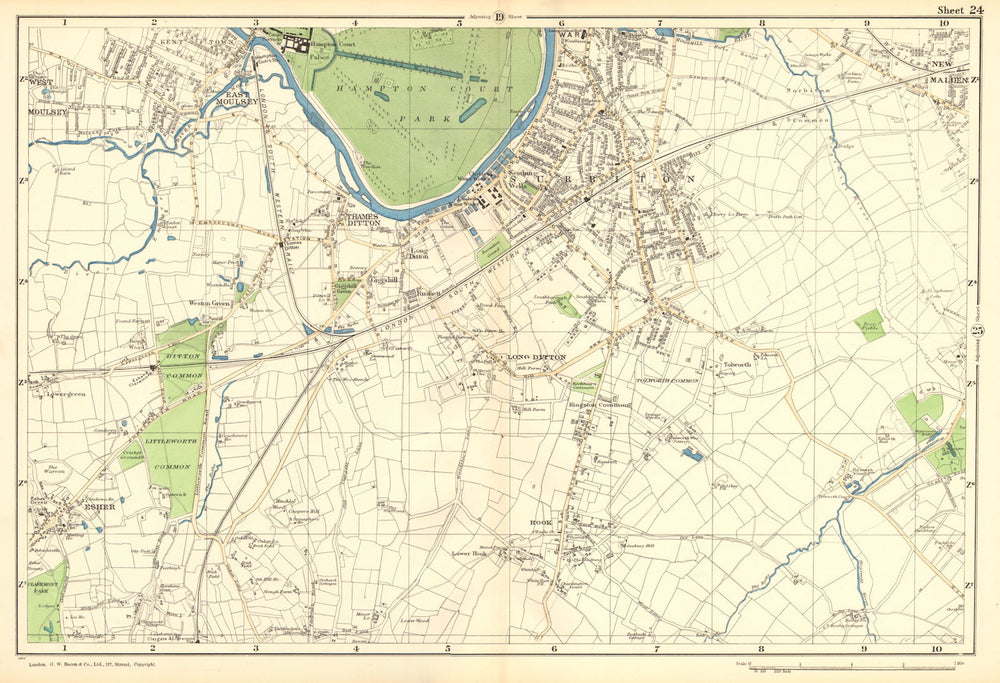 SURBITON & ESHER. Hampton Court,East Molesey,Thames Ditton,Hook.BACON 1902 map