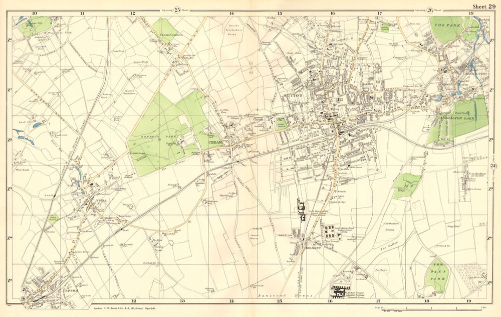 SUTTON. Cheam,Epsom,Belmont,Carshalton,Ewell,Banstead Downs.BACON 1902 old map