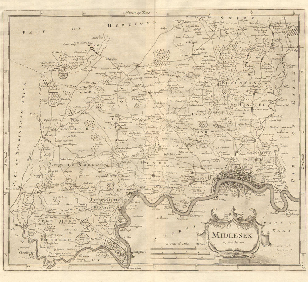 Middlesex. 'MIDLESEX' by ROBERT MORDEN.Present-day North & West London 1772 map