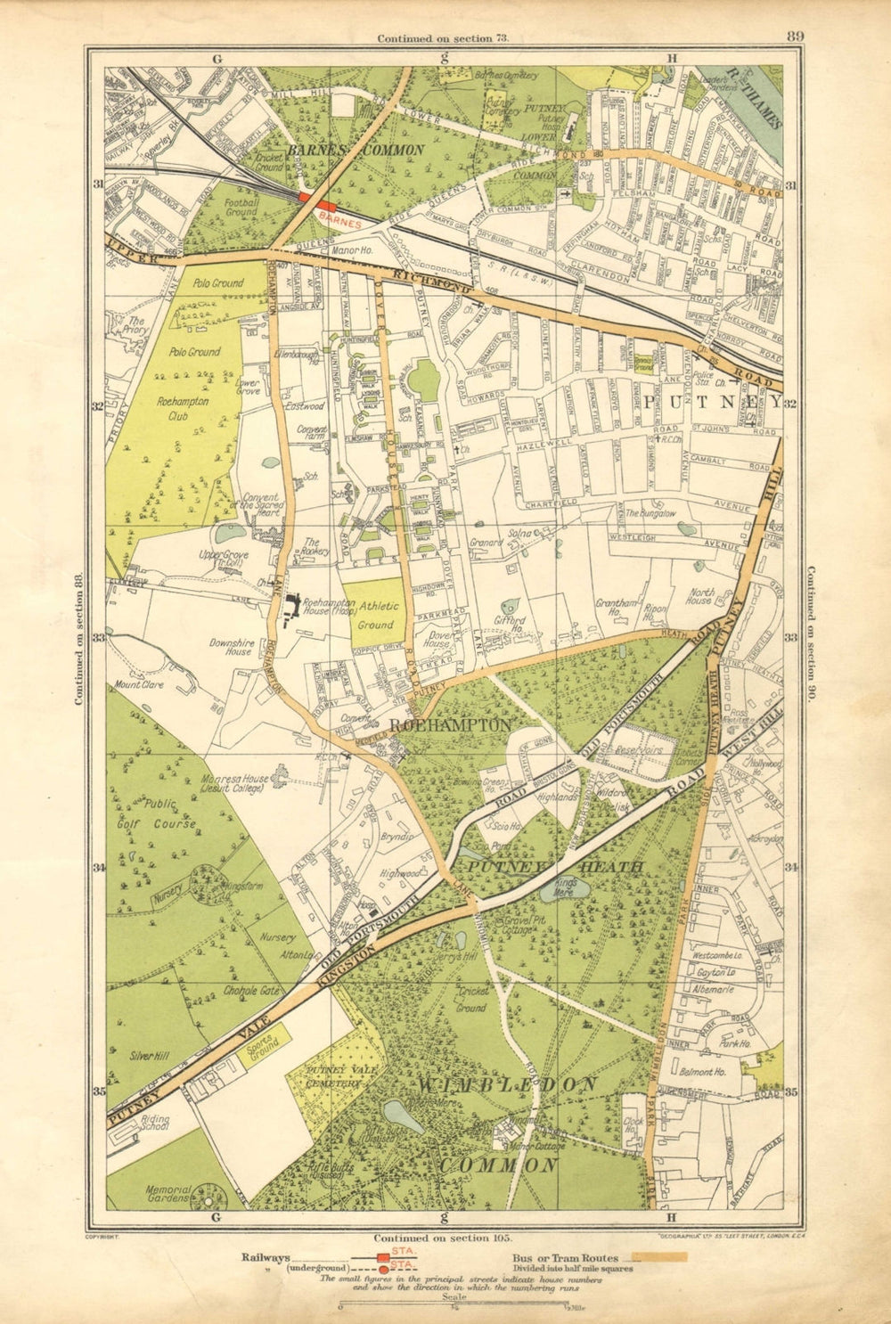 LONDON. Putney Vale,Roehampton,Barnes,Roehampton Park,Barnes Common 1928 map