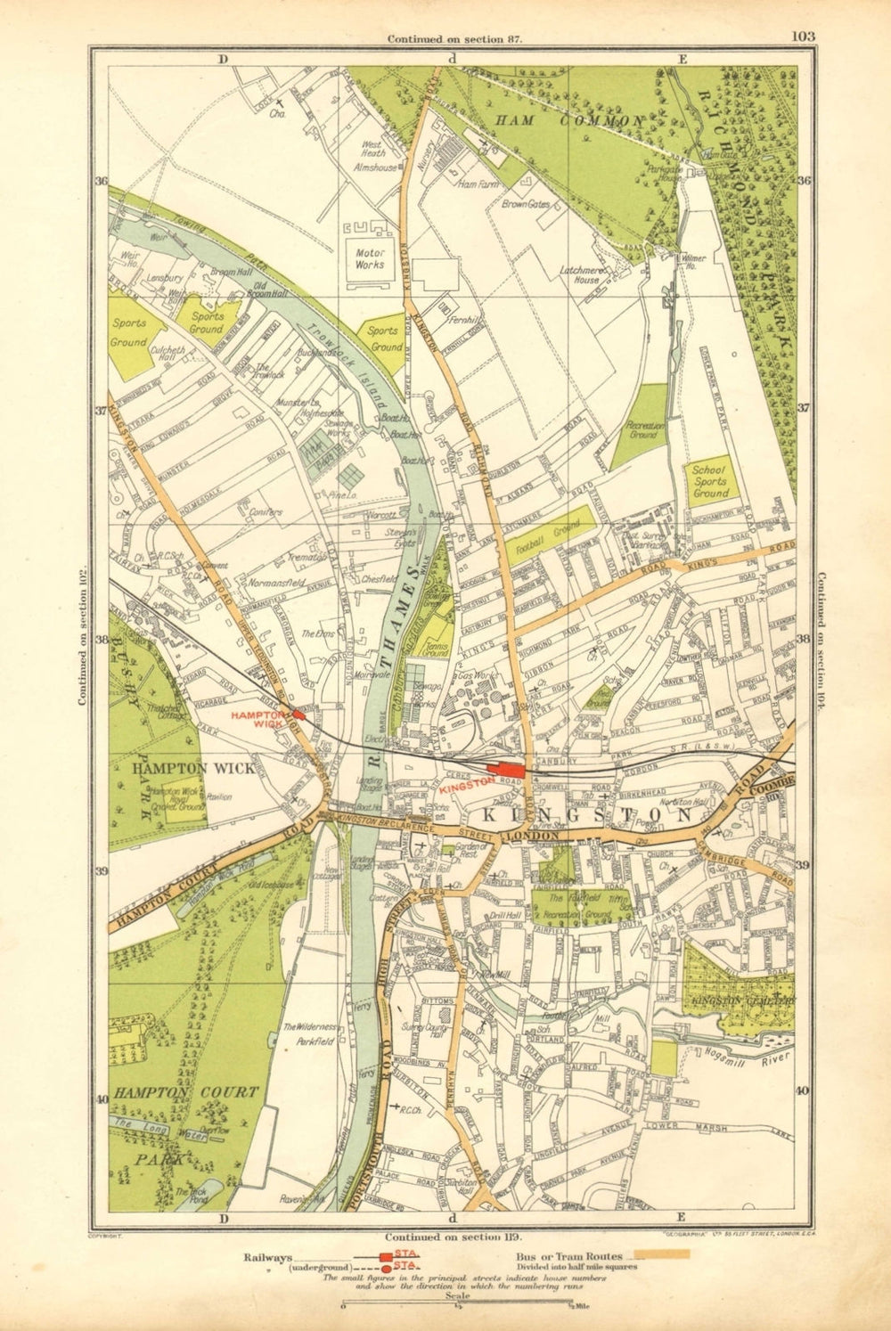 KINGSTON UPON THAMES.Teddington,Hampton Wick,Ham Common,Hampton Court 1928 map