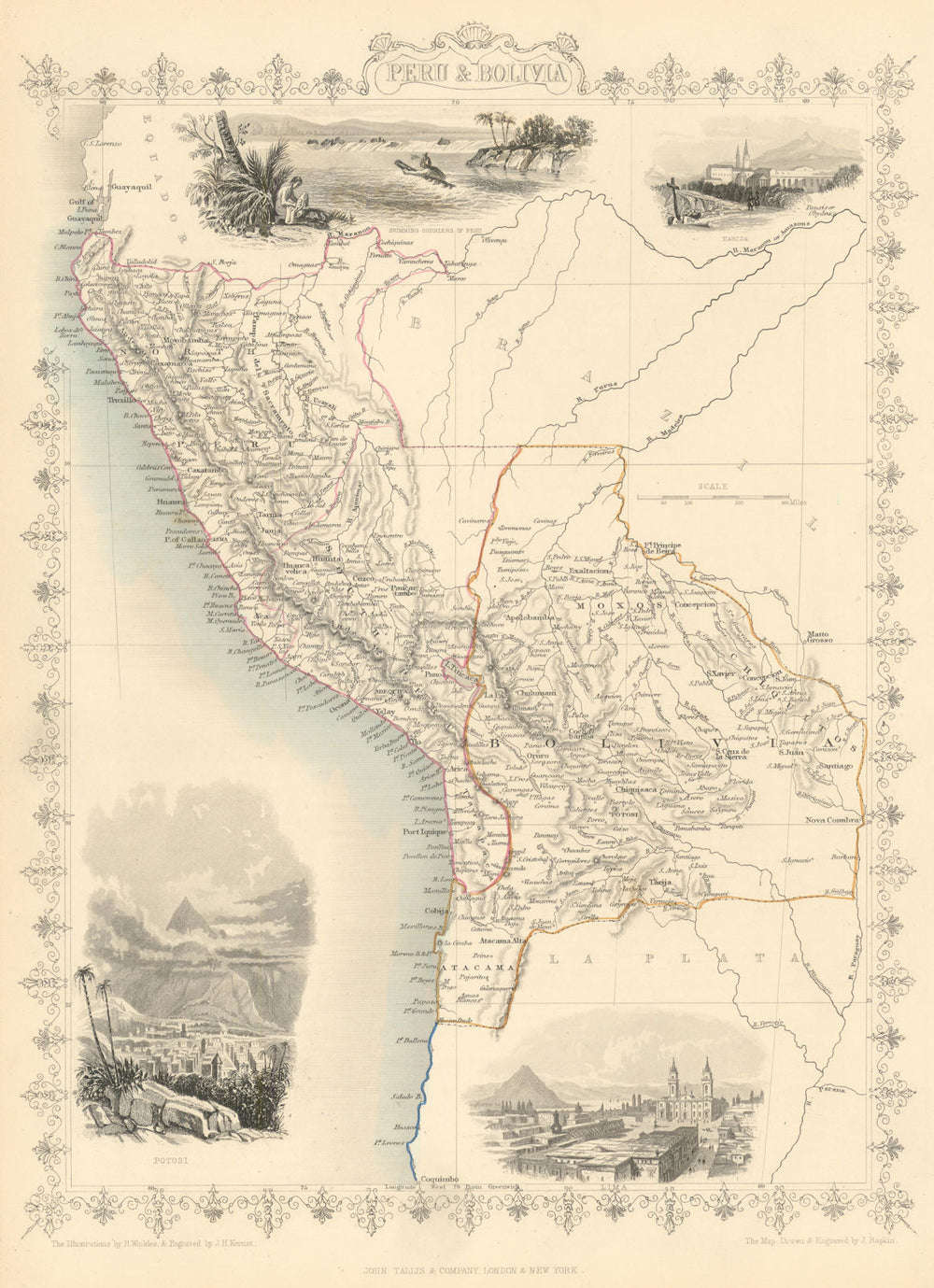 PERU & BOLIVIA. Bolivia with Atacama litoral.Potosi view TALLIS/RAPKIN 1851 map