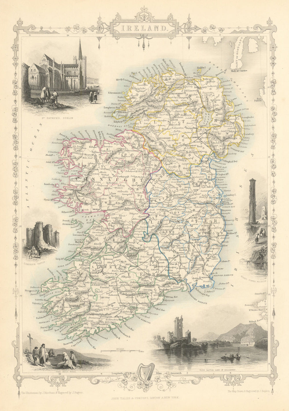 IRELAND. St Patrick's Dublin Killarney round tower views.TALLIS/RAPKIN 1851 map