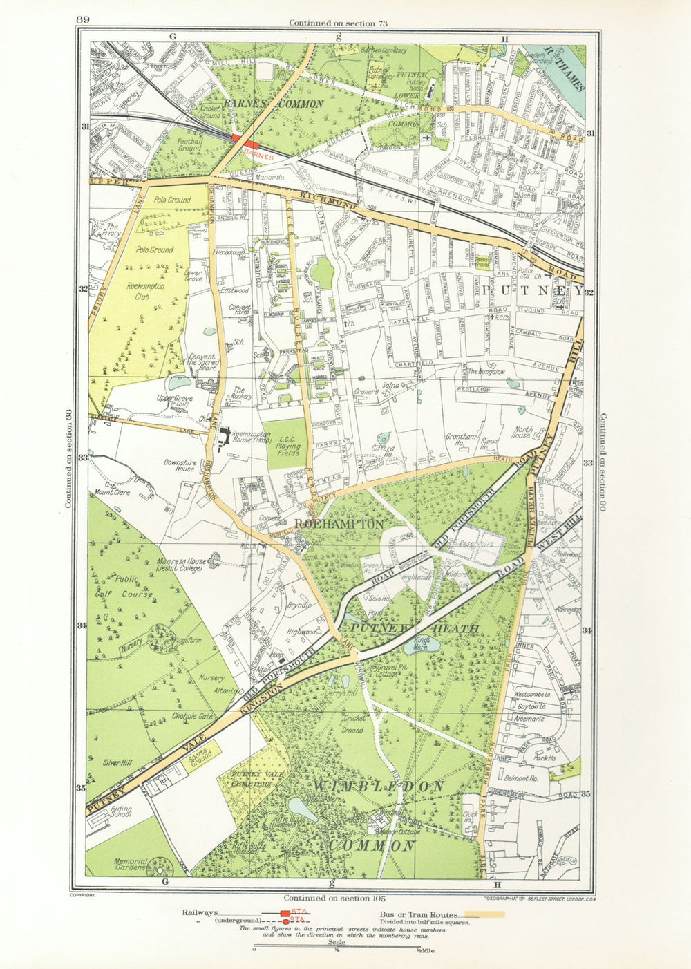 LONDON. Putney Vale Roehampton Barnes Roehampton Park Barnes Common 1933 map