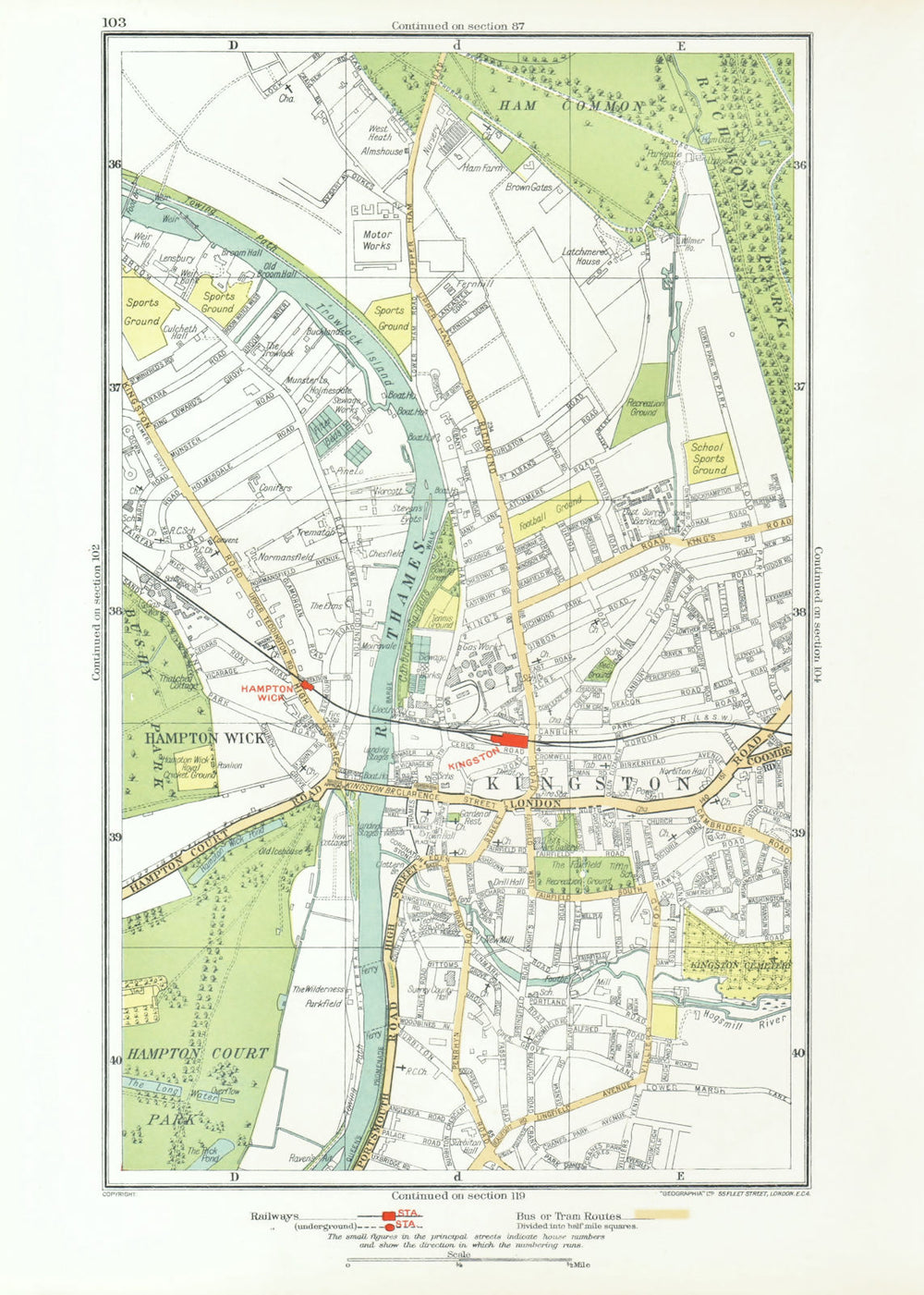KINGSTON UPON THAMES. Teddington Hampton Wick Ham Common Hampton Court 1933 map