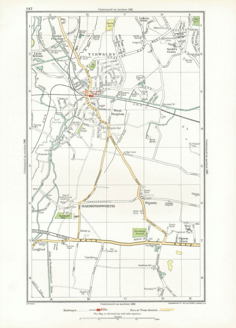 YIEWSLEY WEST DRAYTON. Hayes Heathrow Harmondsworth Sipson Cowley 1933 old map