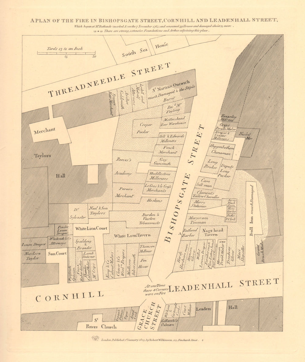 A plan of the 1765 BISHOPSGATE STREET FIRE. Cornhill Threadneedle St. 1834 map