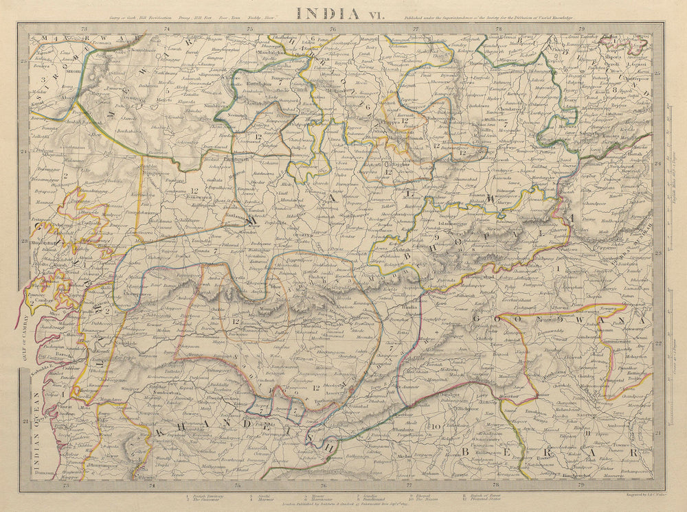 INDIA.Bundelkhand to Khandeish Berar.Gujerat. Goondwana Bhopal.SDUK 1844 map