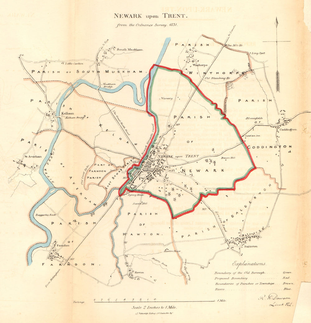 NEWARK-ON-TRENT borough/town plan. REFORM ACT. Farndon Balderton.DAWSON 1832 map