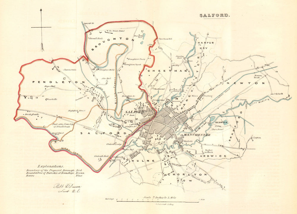 SALFORD borough/town plan. REFORM ACT. Manchester Hulme Ardwick. DAWSON 1832 map