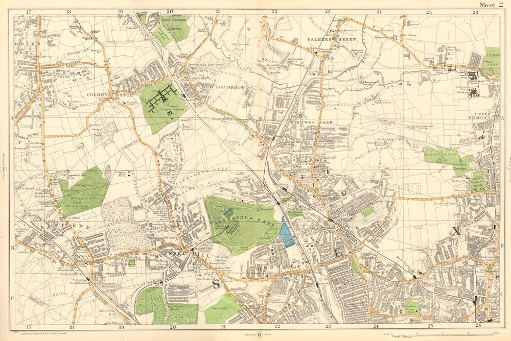 FRIERN BARNET/HORNSEY Palmers/Wood Green Southgate Muswell Hill. BACON  1903 map