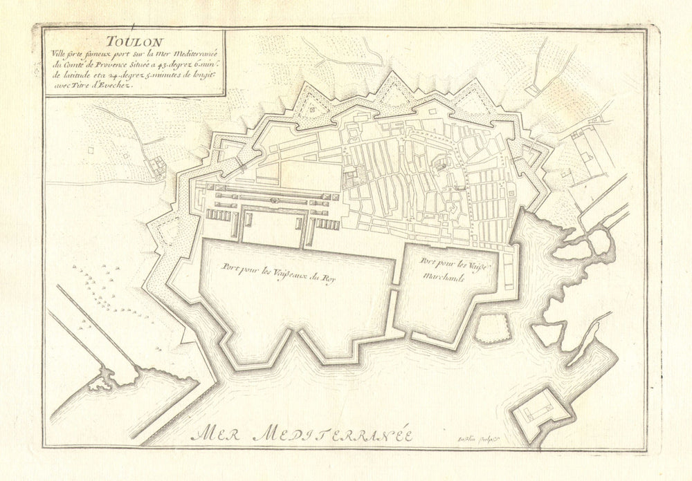 Toulon. Plan of town/city & fortifications. Var. DE FER 1705 old antique map