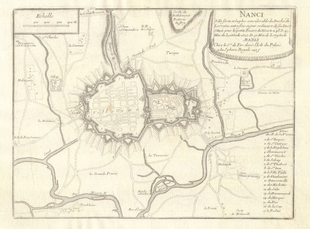 'Nanci'. Nancy. Fortifed town/city plan. Meurthe-et-Moselle. DE FER 1705 map