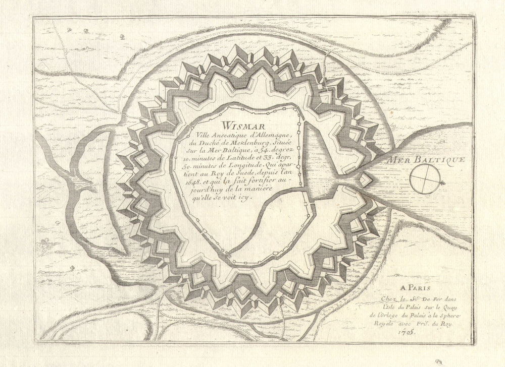'Wismar'. Fortifed town/city plan. Mecklenburg-Vorpommern. DE FER 1705 old map