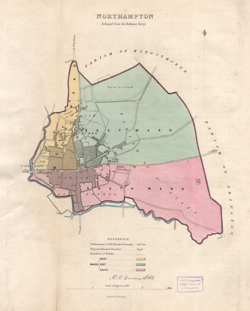 NORTHAMPTON borough/town plan & Wards. BOUNDARY REVIEW. DAWSON 1837 old map