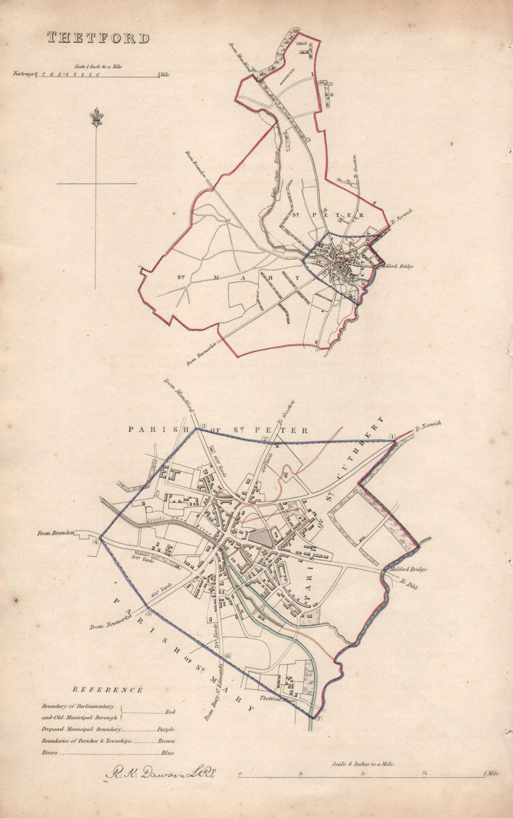 THETFORD borough/town plan. BOUNDARY REVIEW. Norfolk. DAWSON 1837 old map