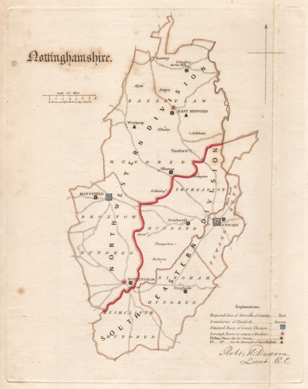 Nottinghamshire county map. Divisions electoral boroughs REFORM ACT. DAWSON 1832
