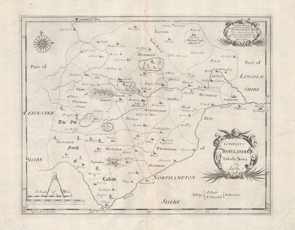 Rutland. 'COMITATUS ROTELANDIAE' by ROBERT MORDEN. Oakham & Uppingham 1722 map