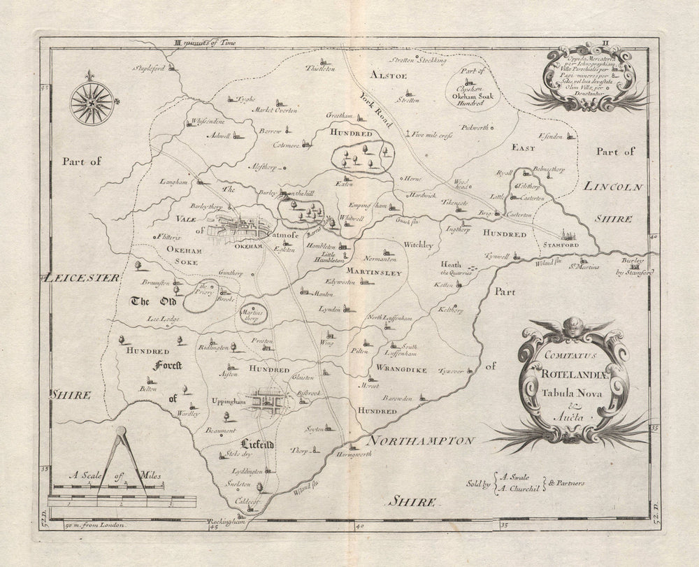 Rutland county map 'COMITATUS ROTELANDIAE' by ROBERT MORDEN. Uppingham 1695