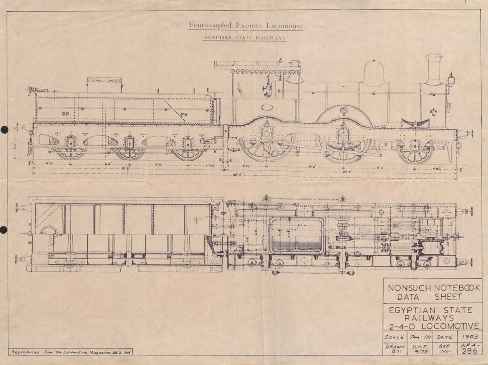 4-coupled Express Locomotive Egyptian State Railways 2-4-0 drawing 1903 print