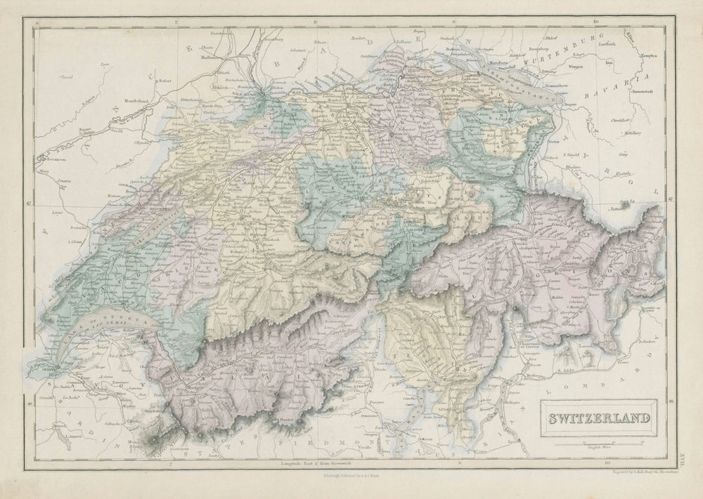Switzerland showing cantons, rivers & roads. SIDNEY HALL 1856 old antique map