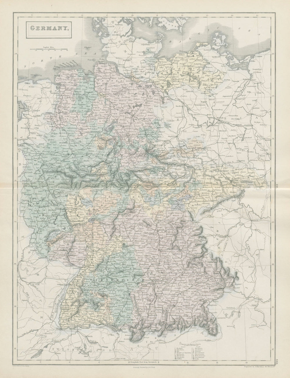 Germany showing states, by SIDNEY HALL 1856 old antique vintage map plan chart