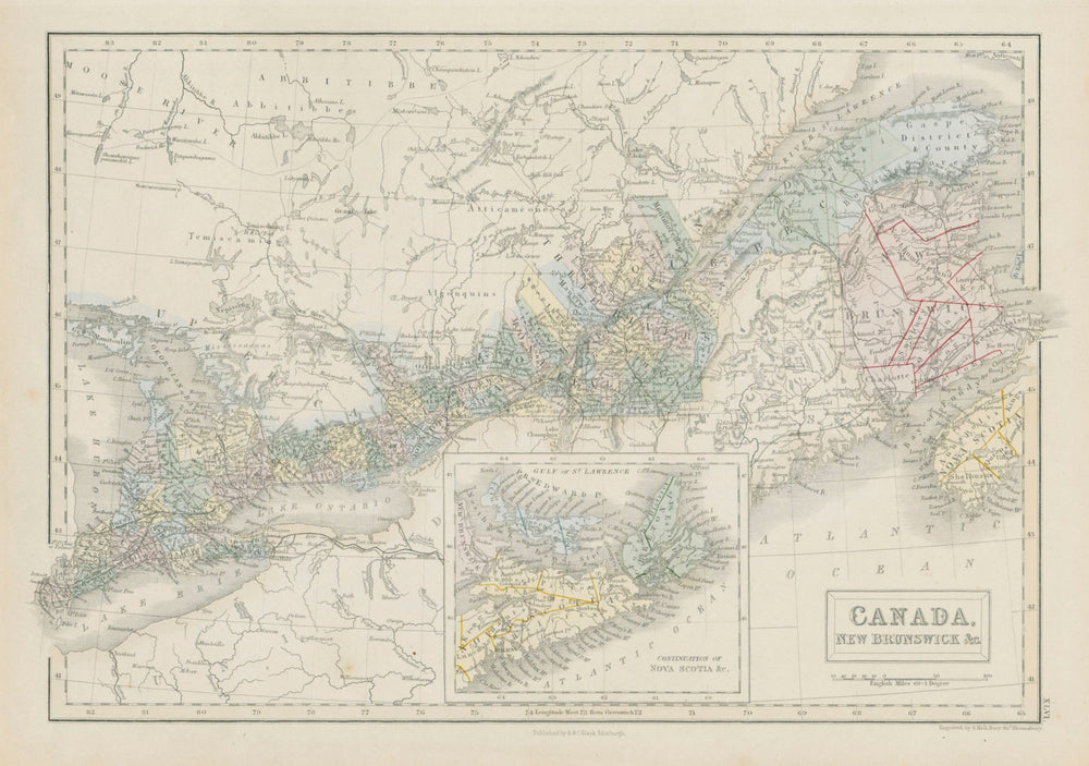 Canada, New Brunswick &c. St Lawrence & Great Lakes. SIDNEY HALL 1856 old map
