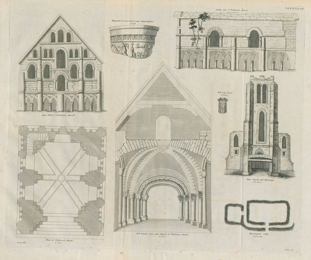 St Peter’s Church, Tickencote, Rutland. & Bury church 1789 old antique print