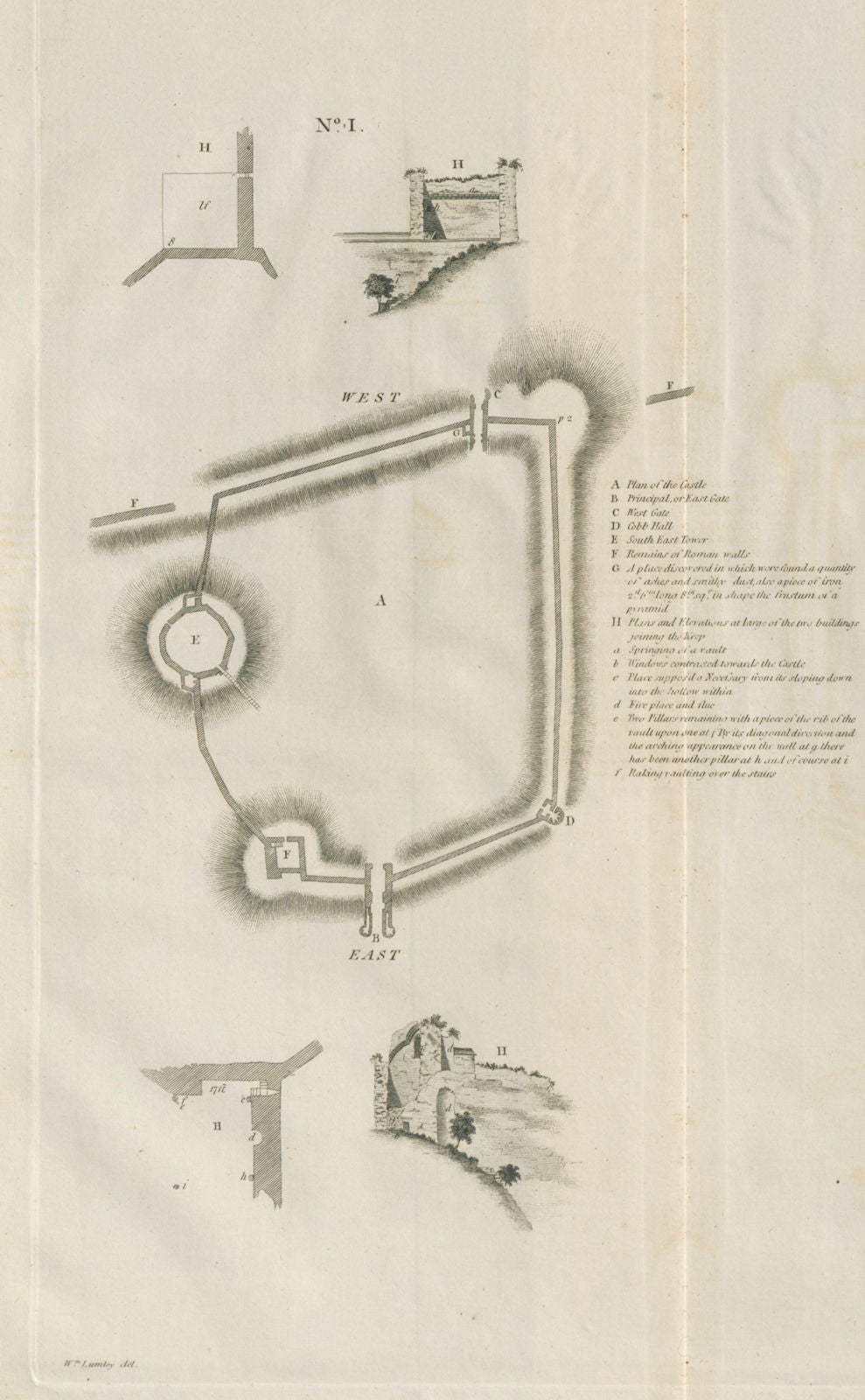 Lincoln castle No 1. Ground plan by Francis CARY 1789 old antique print