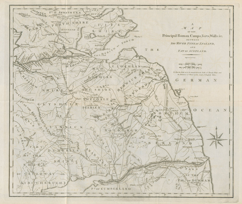 Roman Camps Forts Walls SE Scotland. Hadrian's & Antonine Walls. CARY 1789 map