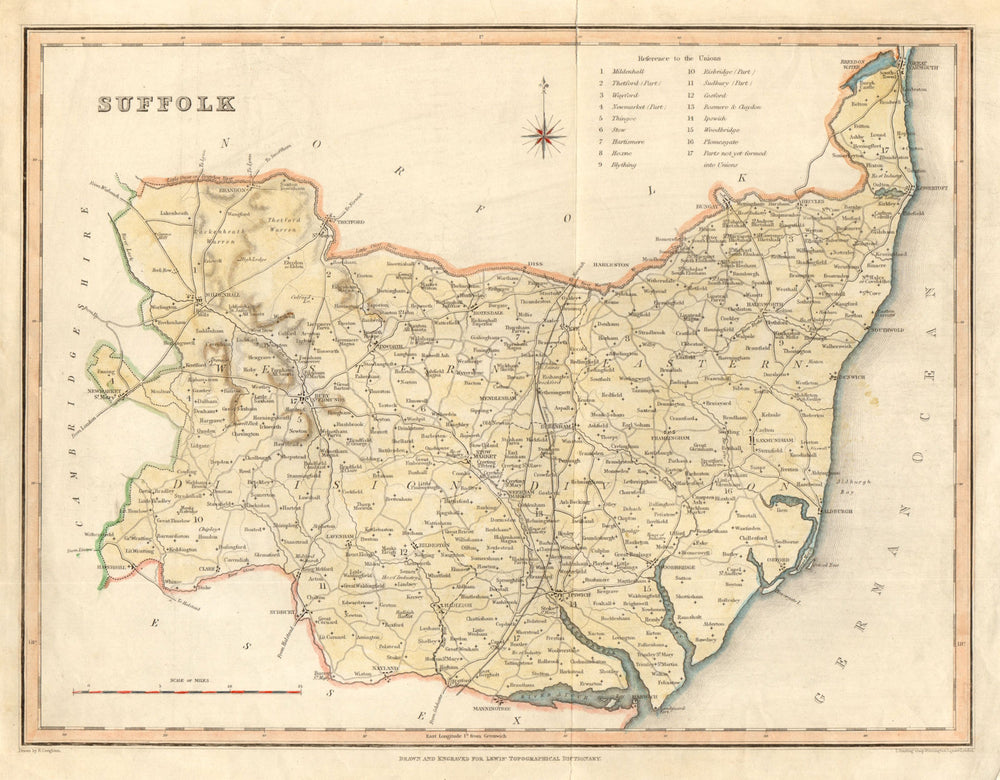 Antique county map of SUFFOLK by Creighton & Starling for Lewis c1840 old
