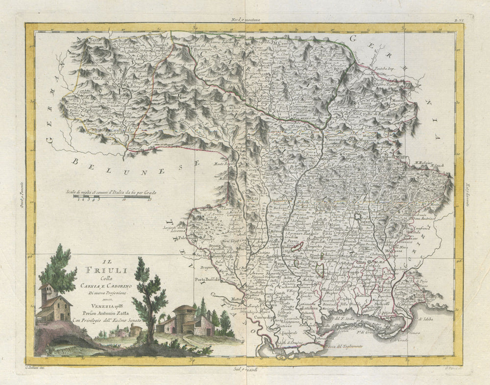 "Il Friuli colla Carnia e Cadorino". North-east Italy. ZATTA 1784 old map