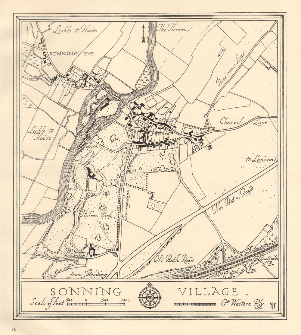 Town plan of SONNING village, Berkshire. Thames Valley 1929 old vintage map
