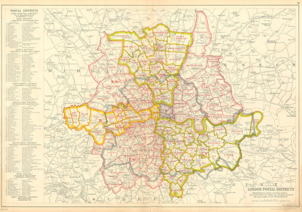 LONDON POSTAL DISTRICTS. Post code areas. N NW W SW SE E. BACON 1934 old map